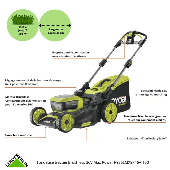 Tondeuse sur batterie brushless RYOBI Ry36lmxsp46a-150 36V, 46cm, 1 batterie 5Ah