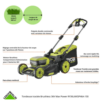 Tondeuse sur batterie brushless RYOBI Ry36lmxsp46a-150 36V, 46cm, 1 batterie 5Ah
